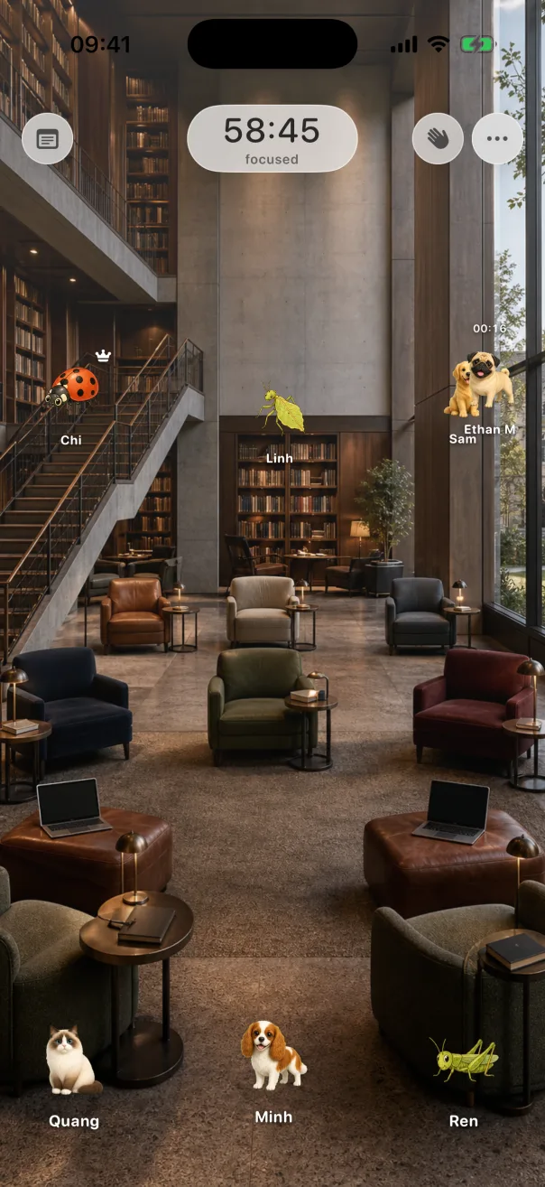 A shared Lume Flow library room with people represented by avatars