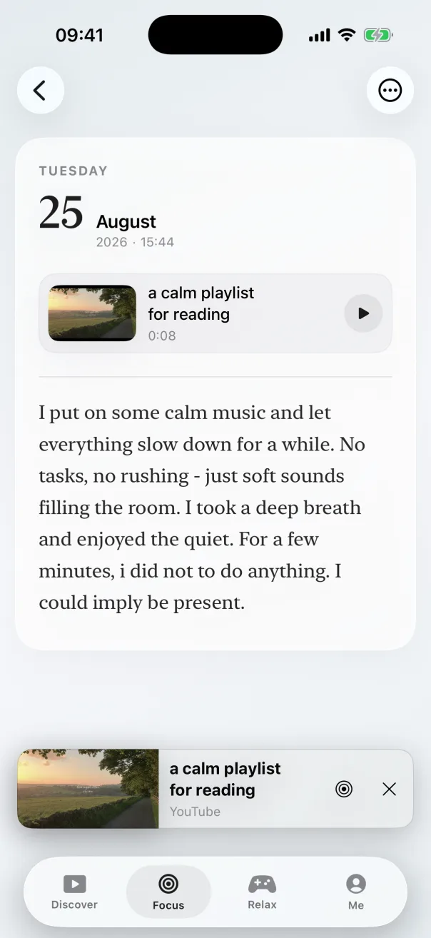 A private Lume Flow journal entry linked to a video timestamp