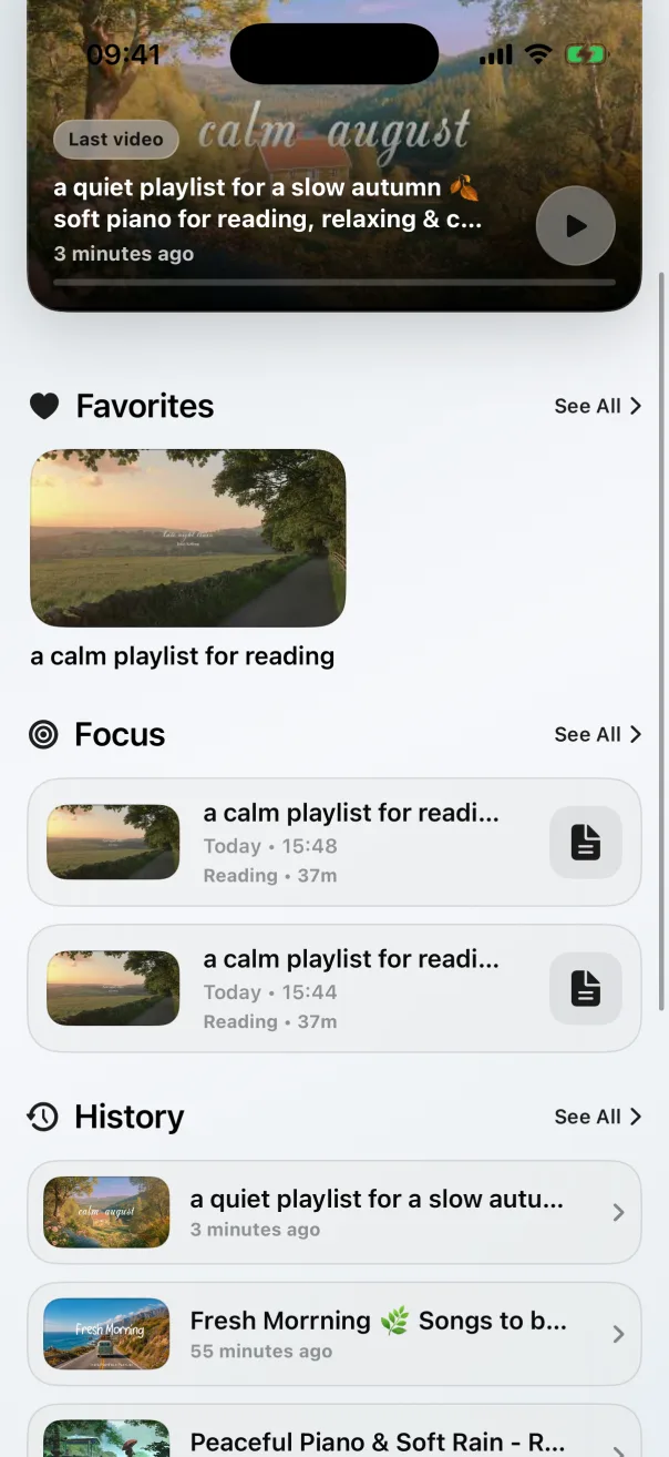 Lume Flow library with favorites, saved focus sessions, and history